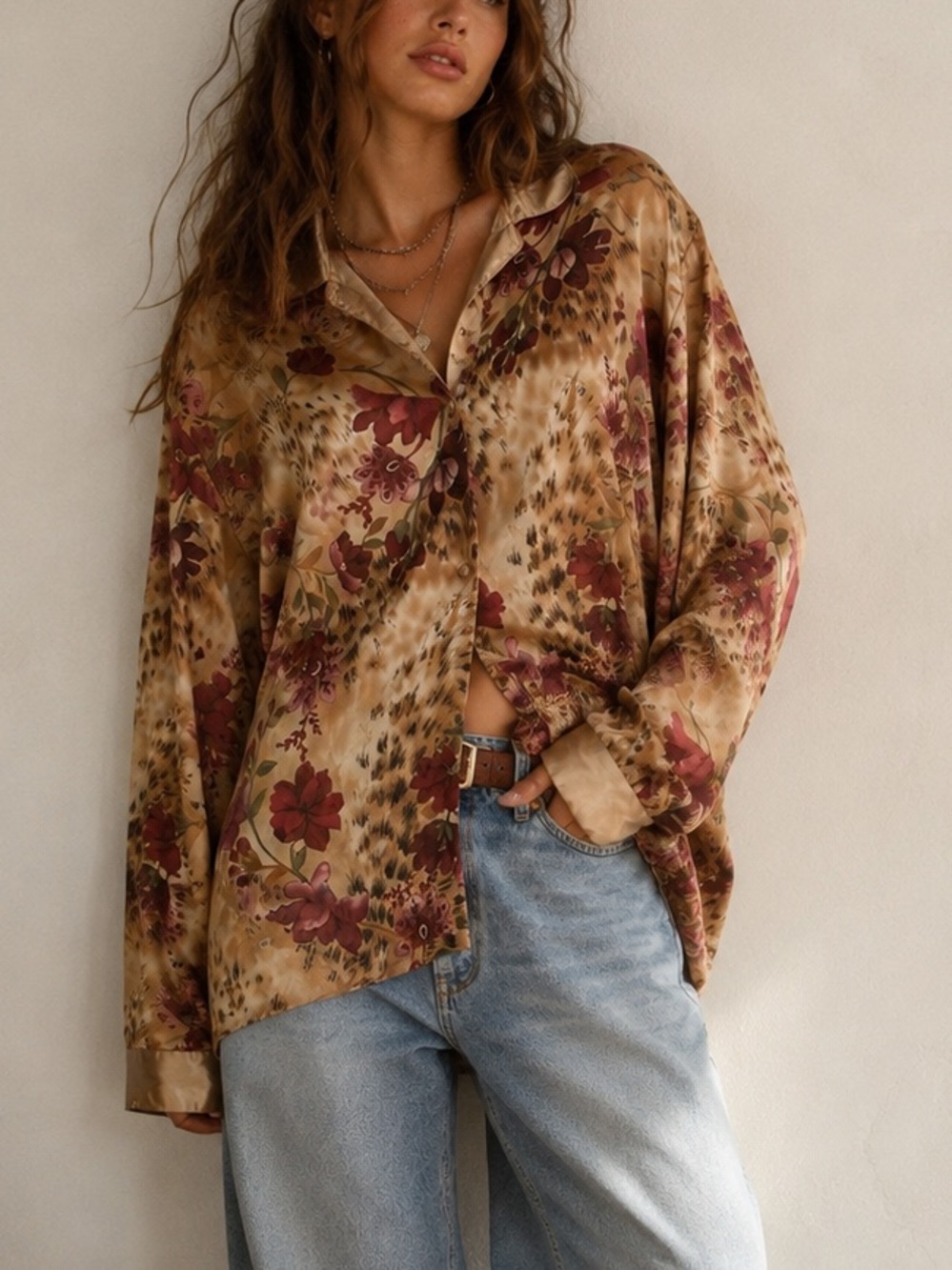 Secret Treasures Y2K Whimsigoth Floral Animal Print Satin Sheer Blouse Large